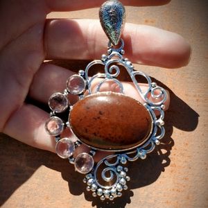 New Mahogany Obsidian & Peach Topaz 925 Silver Pendant.